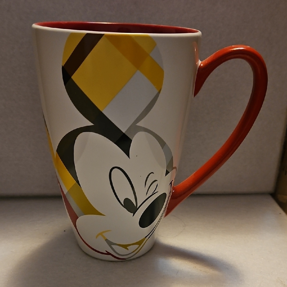 Disney Mickey Mouse Plaid Red and Yellow Mug 16 Oz